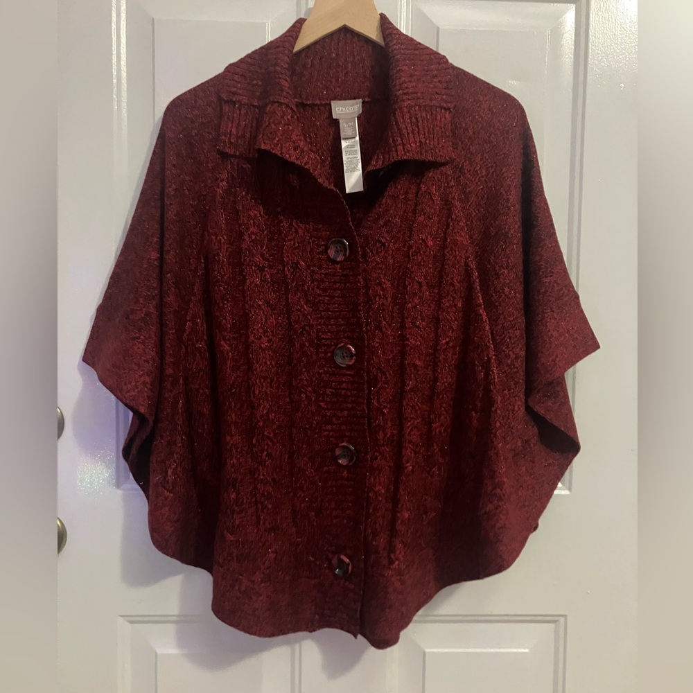 Chico’s -maroon,button-front, cardigan sweater/poncho